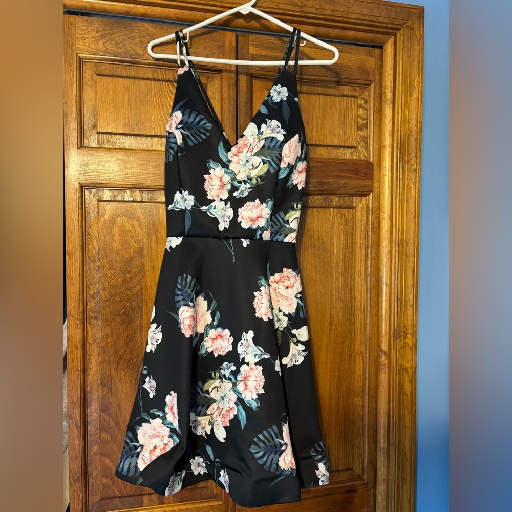Floral Navy Blue Dress With Criss Cross Back